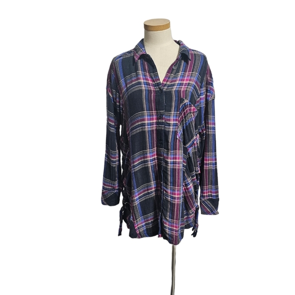 FREE PEOPLE* Plaid Button Down Tunic - Picture 2 of 5